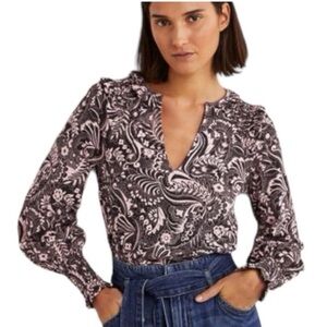 Boden Paisley Smocked Frill Long Sleeve Black and Pink Floral Blouse sz 2